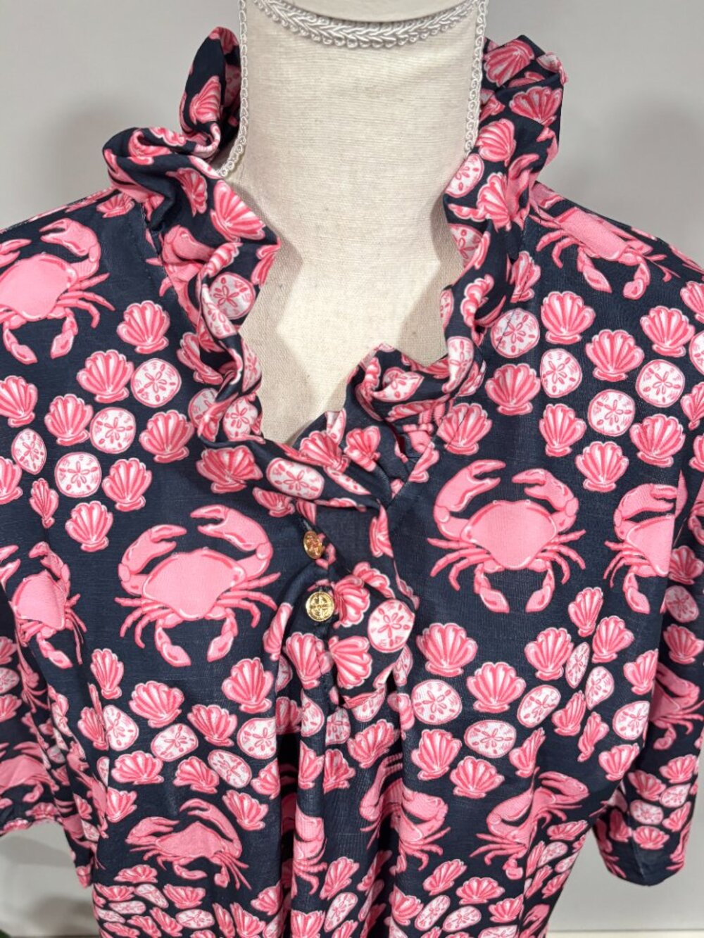 XXL Simply Southern Navy with Pink Crab & Shell Print Short Sleeve Dress
